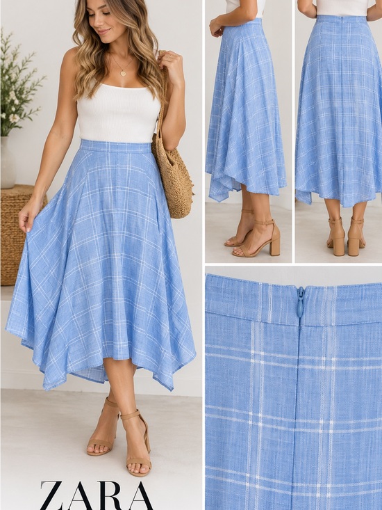Zara Dresses & Skirts - Zara Woman Blue Plaid Flowy Midi Skirt Size M Windowpane A-Line